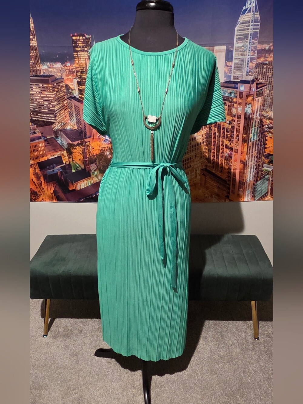 Pleated Belted Midi Dress in Teal - Women